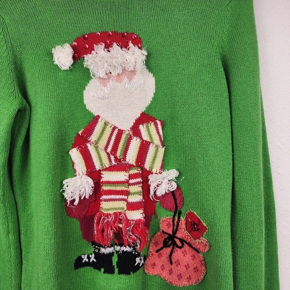 Susan Bristol Medium Holiday Christmas Sweater Green Tacky Santa Pull-over Knit - Picture 2 of 9